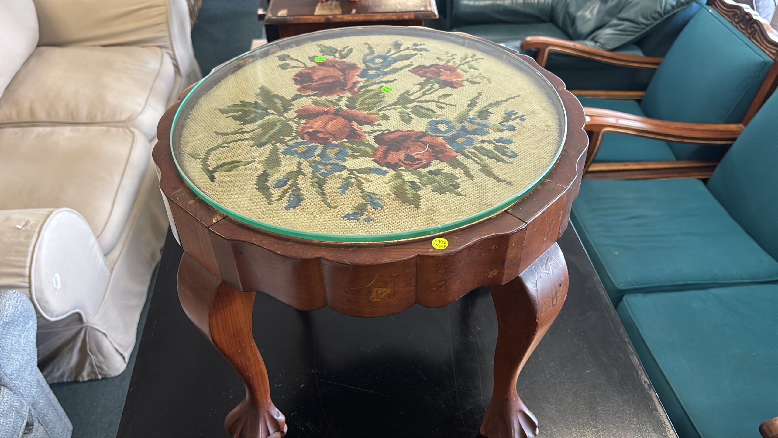 Vintage Needlepoint-Top Occasional Table with Claw Feet - Image 2