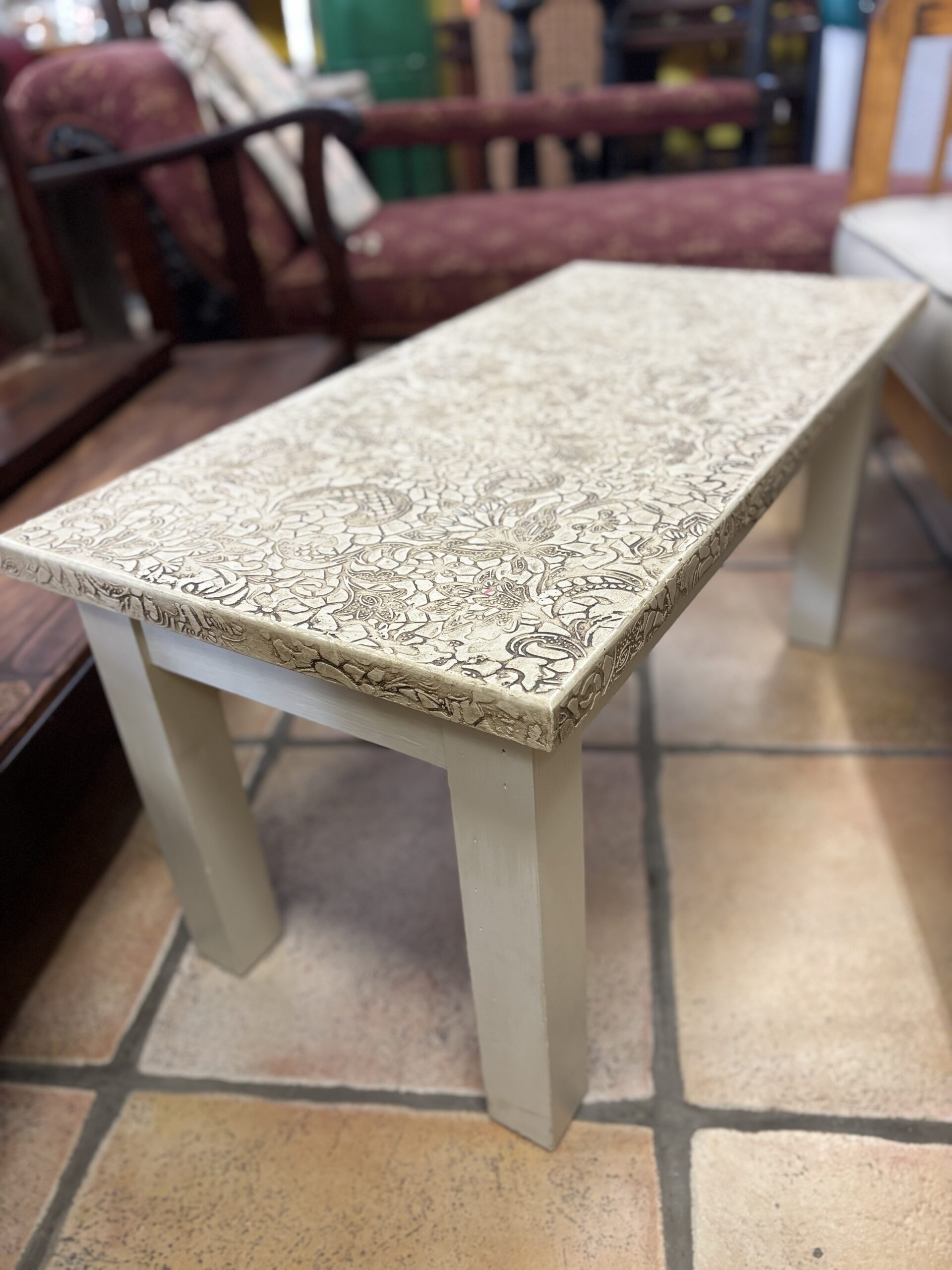Handcrafted Upcycled Stencil Coffee Table by Furniture Artist - Image 2