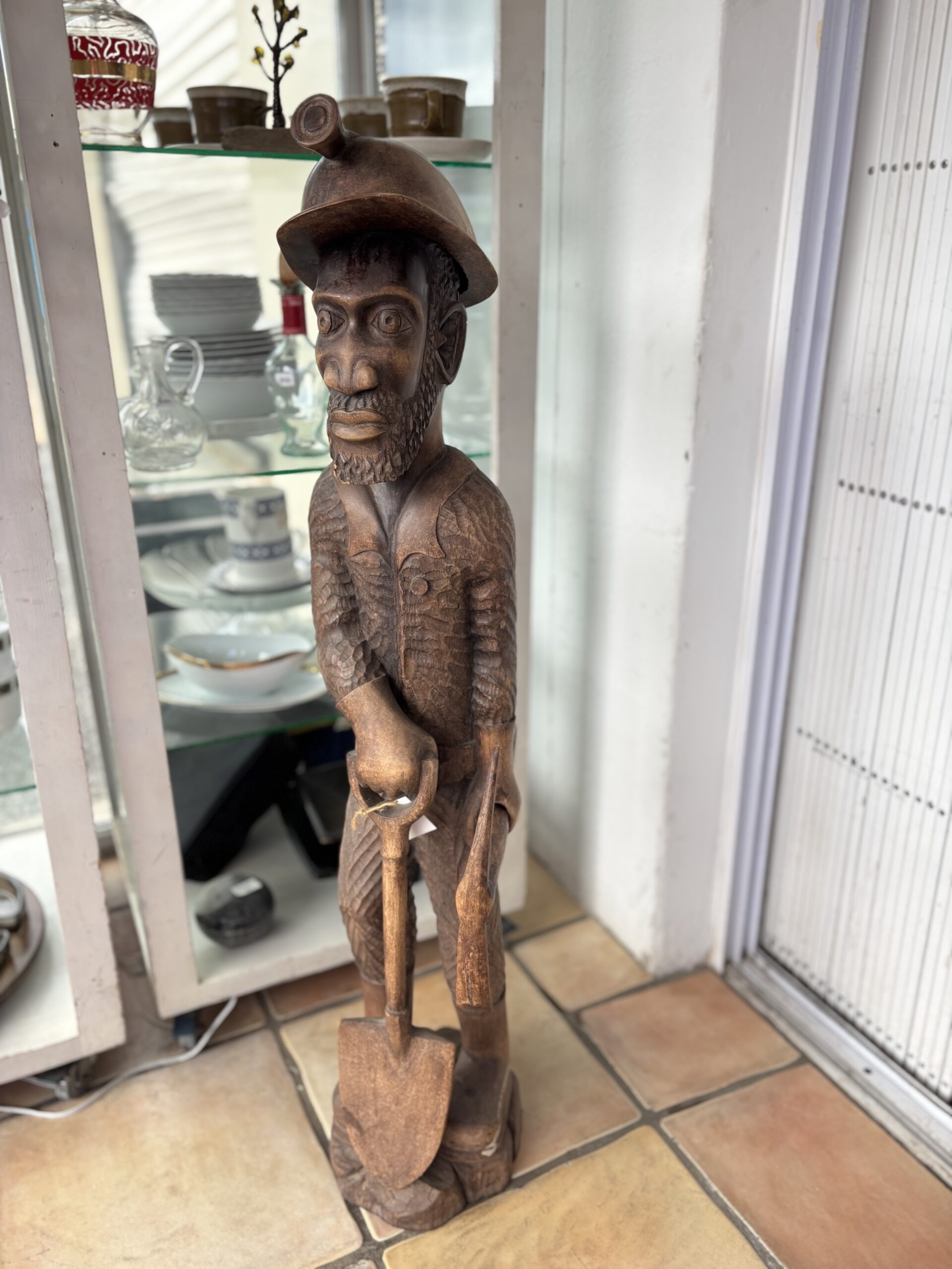 Hand-Carved Wooden Miner Figure with Pick and Spade - Image 2