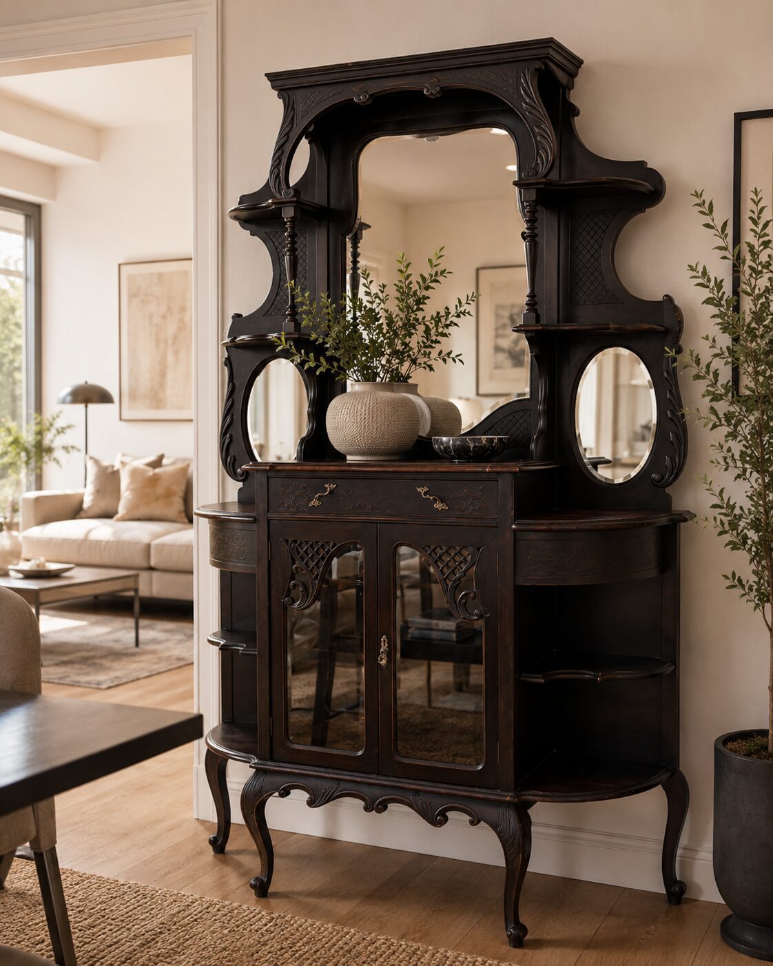 Edwardian / Late Victorian Display Cabinet with Mirror Back