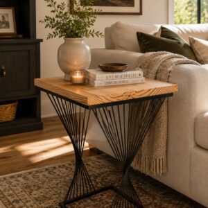 Industrial Wireframe Side Table with Solid Pine Top