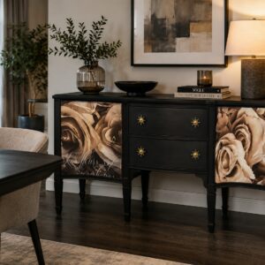 Elegant Upcycled Curved Sideboard with Rose Motif Doors