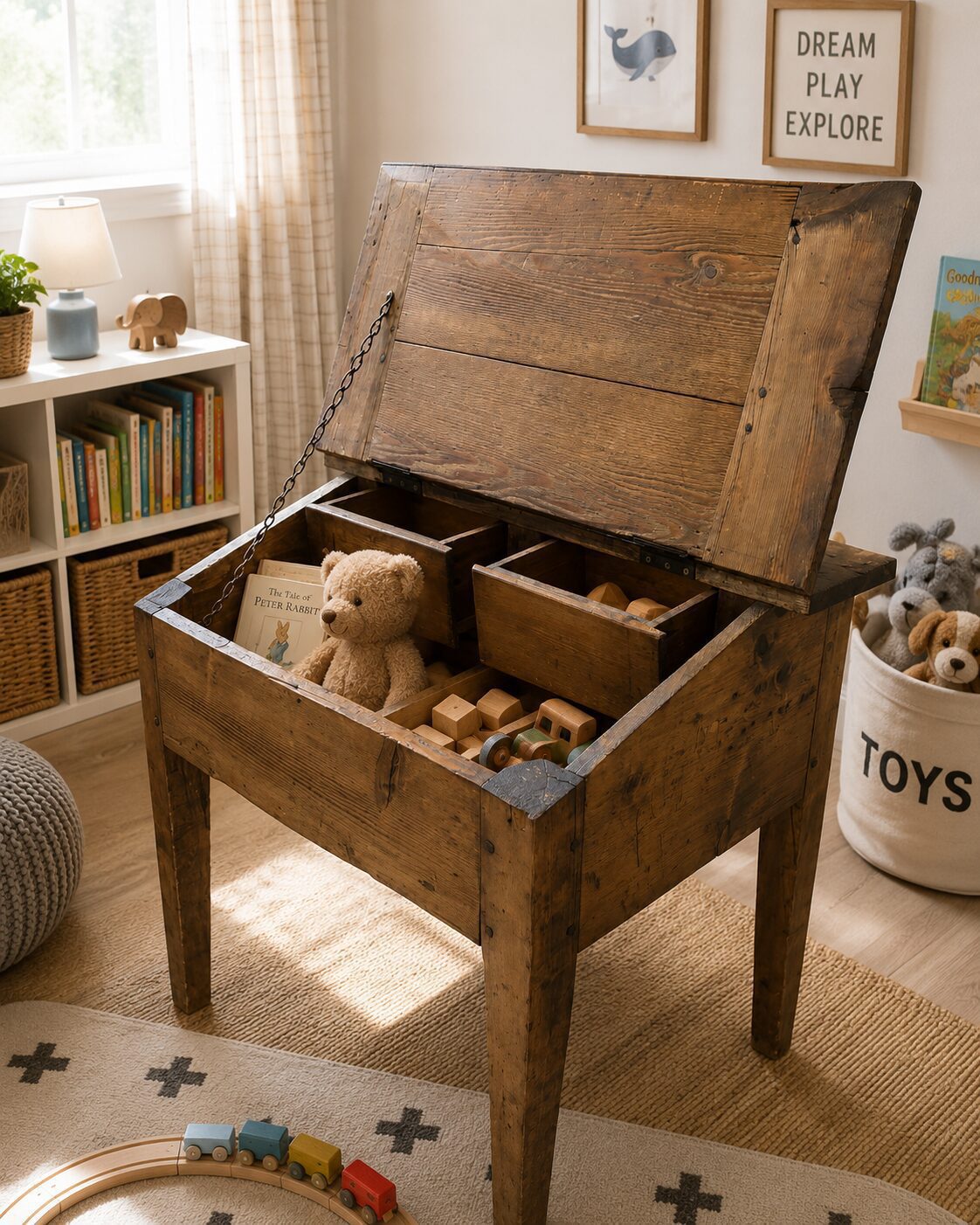Rustic Pine Lift-Top Storage Bench / Toy Box Table