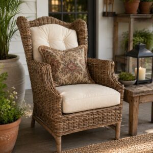 Handwoven Wicker Wingback Armchair with Cushions