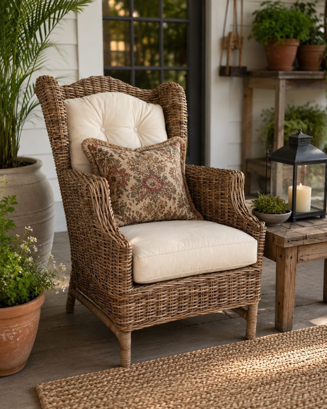 Handwoven Wicker Wingback Armchair with Cushions
