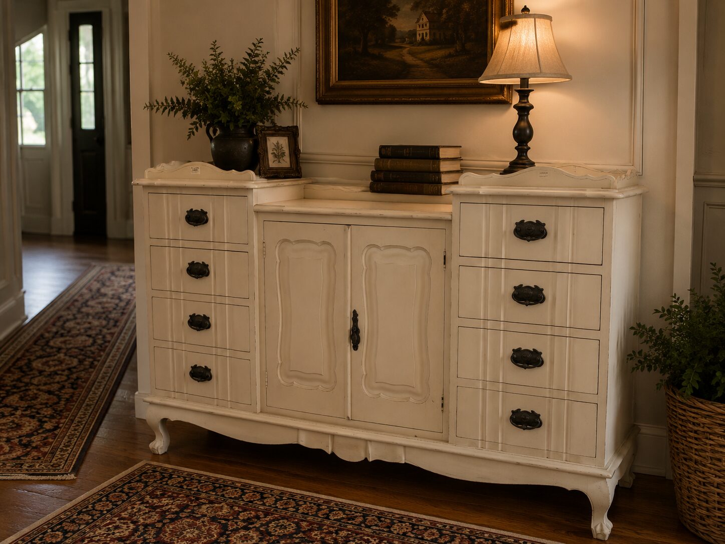 Vintage Painted Imbuia Sideboard with 8 Drawers & Key