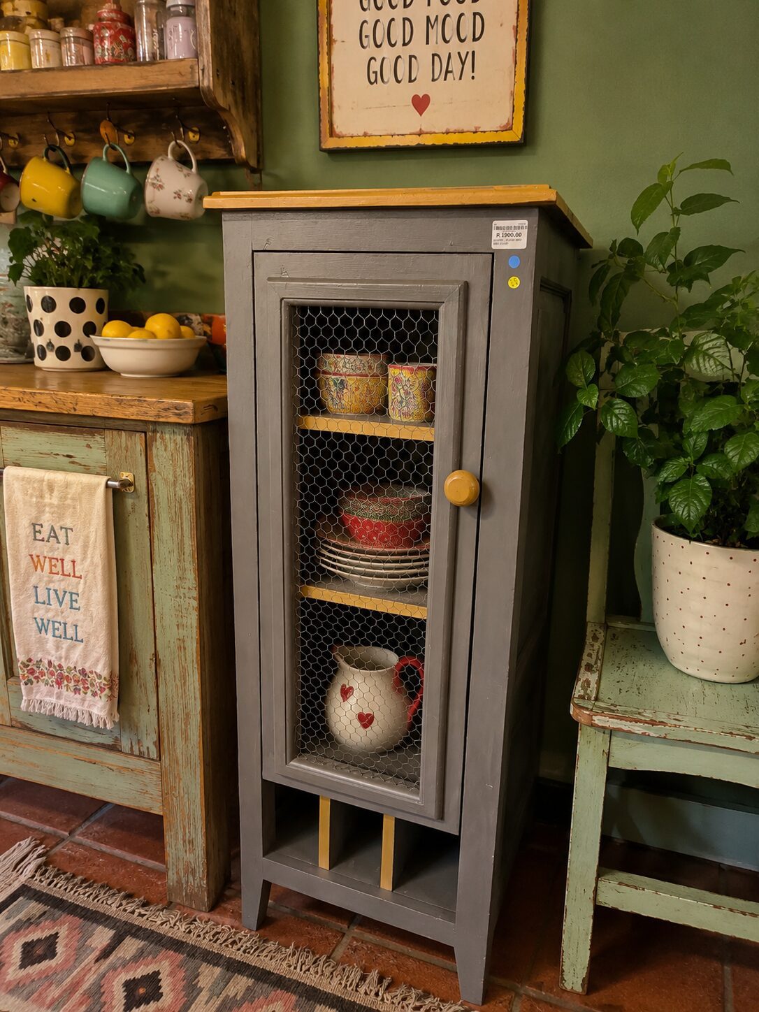 Grey & Yellow Chicken Wire Display Cabinet