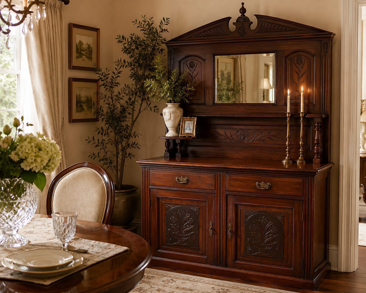 Antique Carved Solid Wood Sideboard - Mirror Back & Display Hutch