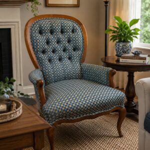 Blue Queen Anne Tufted Armchair