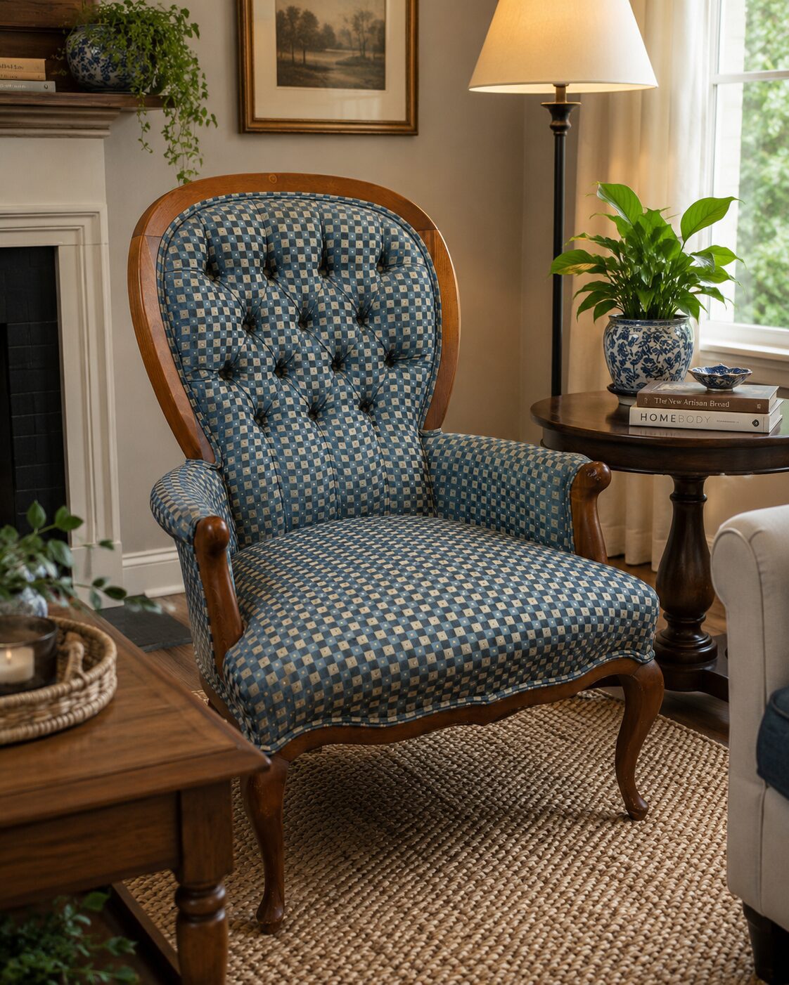 Blue Queen Anne Tufted Armchair