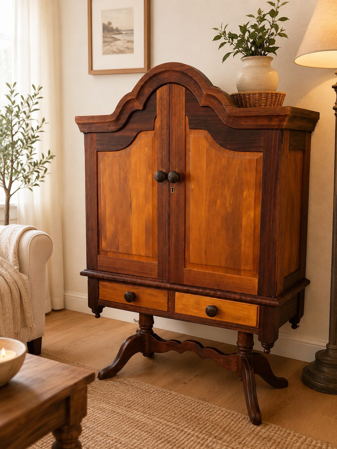 Vintage Two-Tone Timber Cabinet on Stand with Drawers