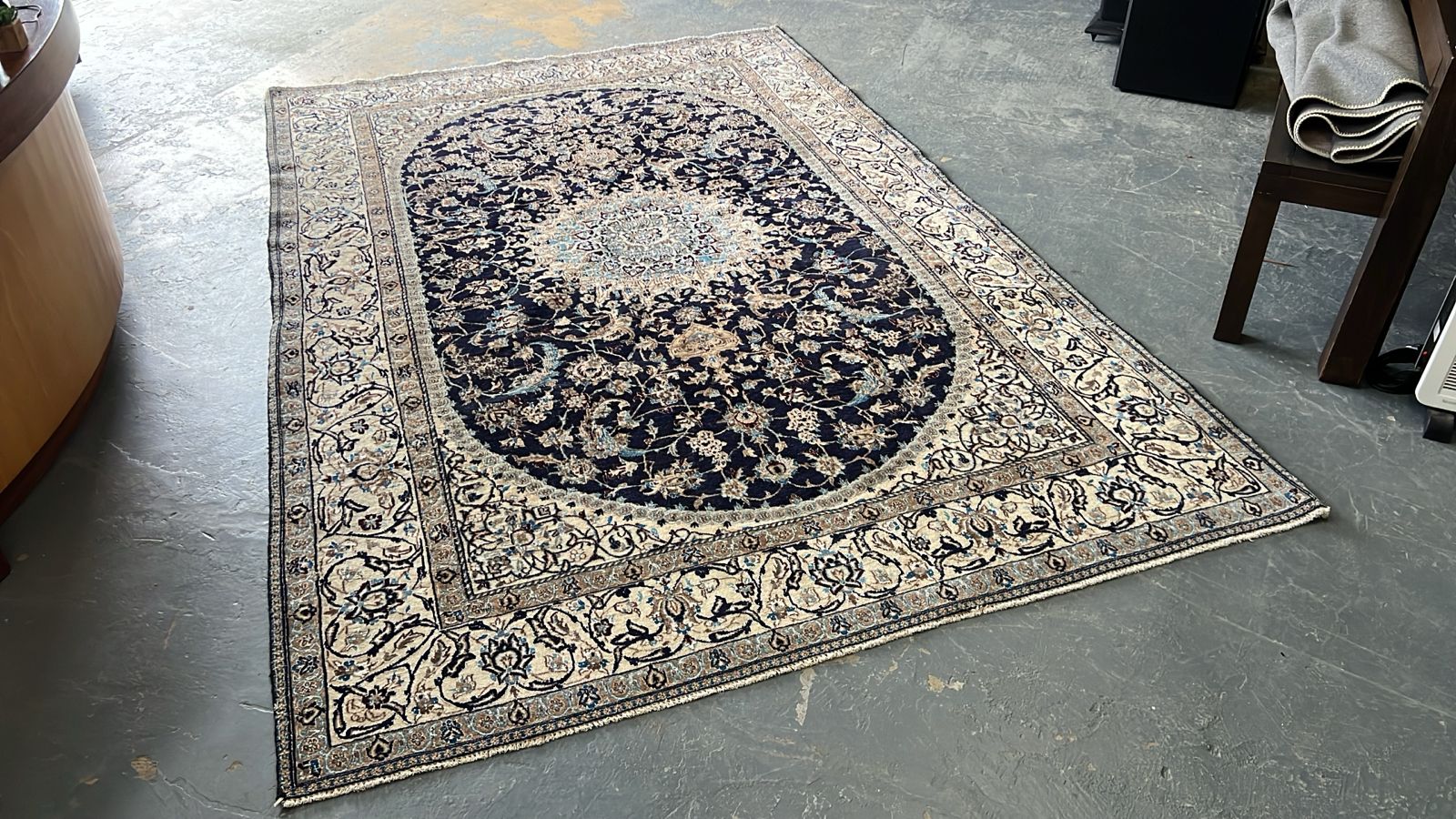 Hand-Knotted Persian Nain Rug – Navy Medallion Design - Image 2
