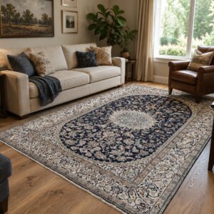 Hand-Knotted Persian Nain Rug – Navy Medallion Design