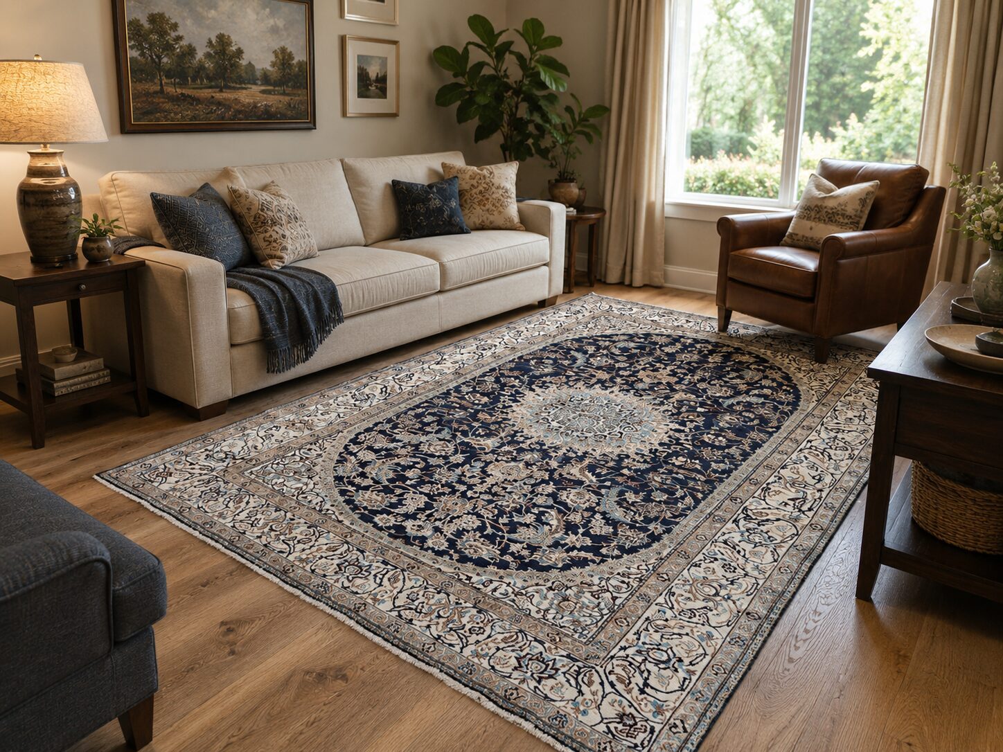 Hand-Knotted Persian Nain Rug – Navy Medallion Design