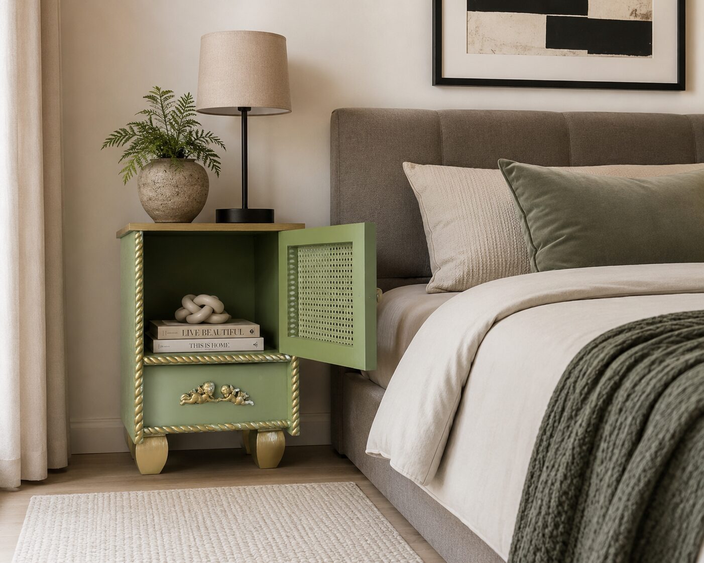 Mint Green Upcycled Cane Door Bedside Cabinet