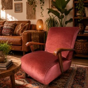 Vintage Upholstered Lounge Chair with Solid Timber Arms