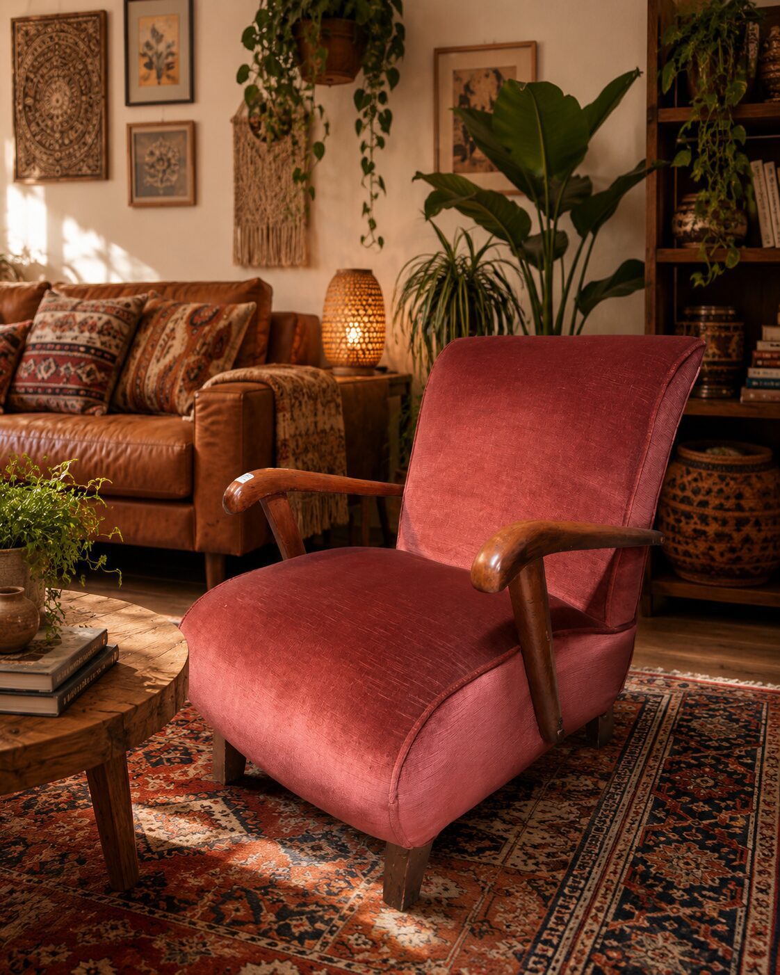 Vintage Upholstered Lounge Chair with Solid Timber Arms