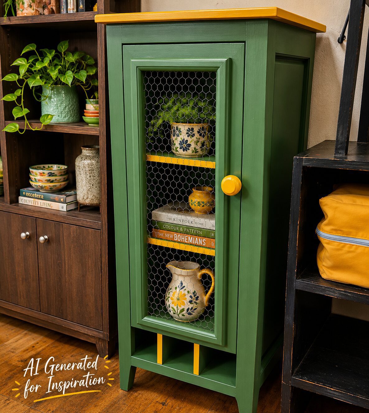 Grey & Yellow Chicken Wire Display Cabinet - Image 6