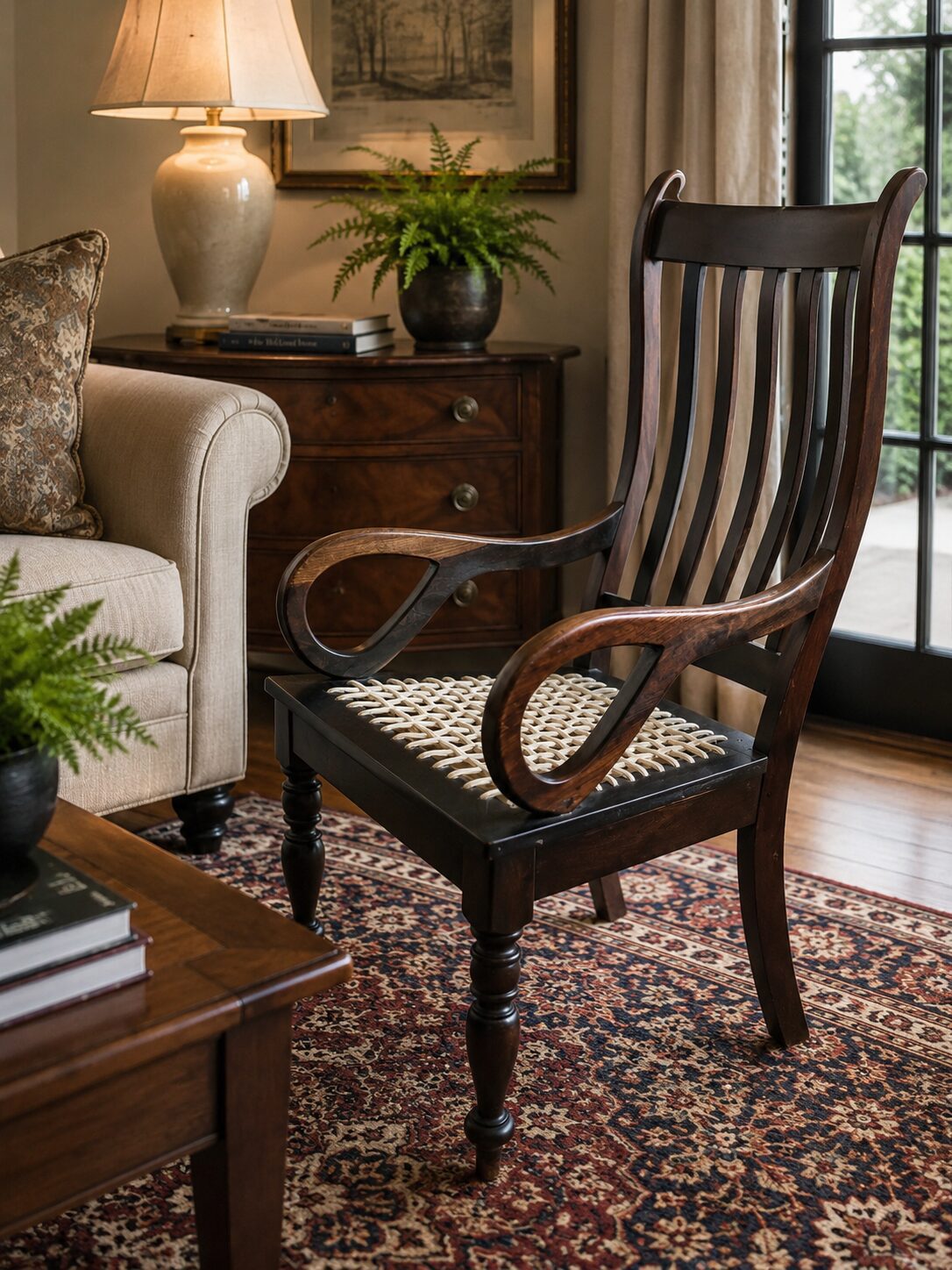 Imbuia Carver Chair with Hand-Woven Rawhide Seat