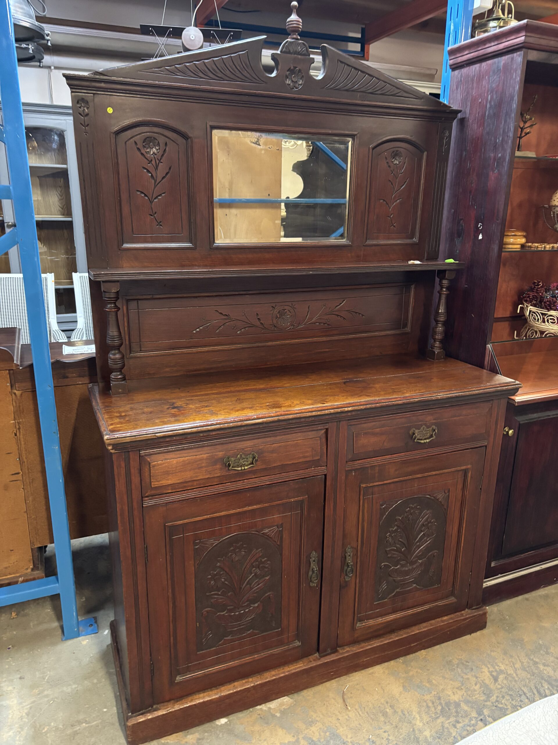 Antique Carved Solid Wood Sideboard - Mirror Back & Display Hutch - Image 2