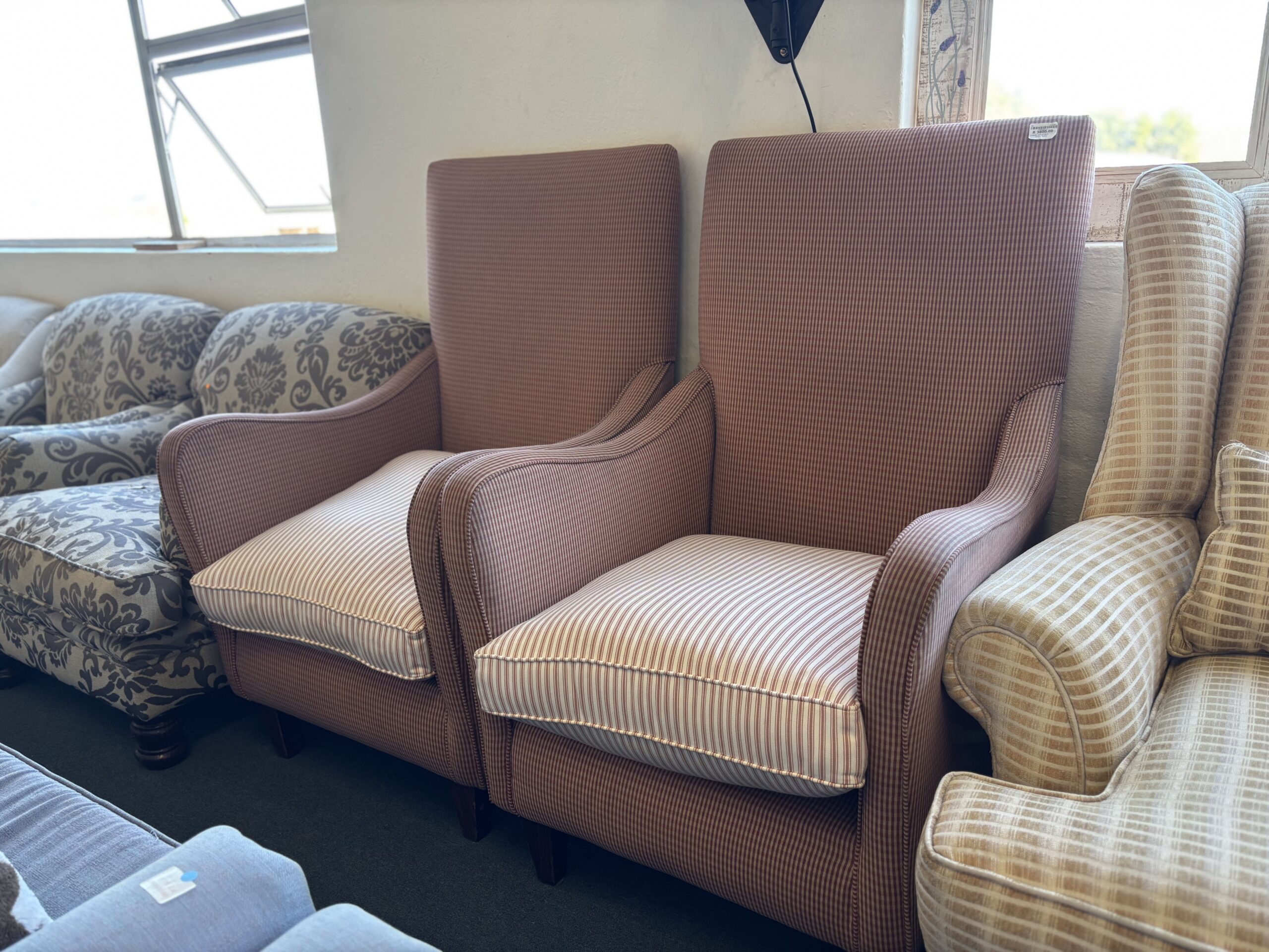 High-Back Red & Cream Striped Armchairs with Cushions - Image 4