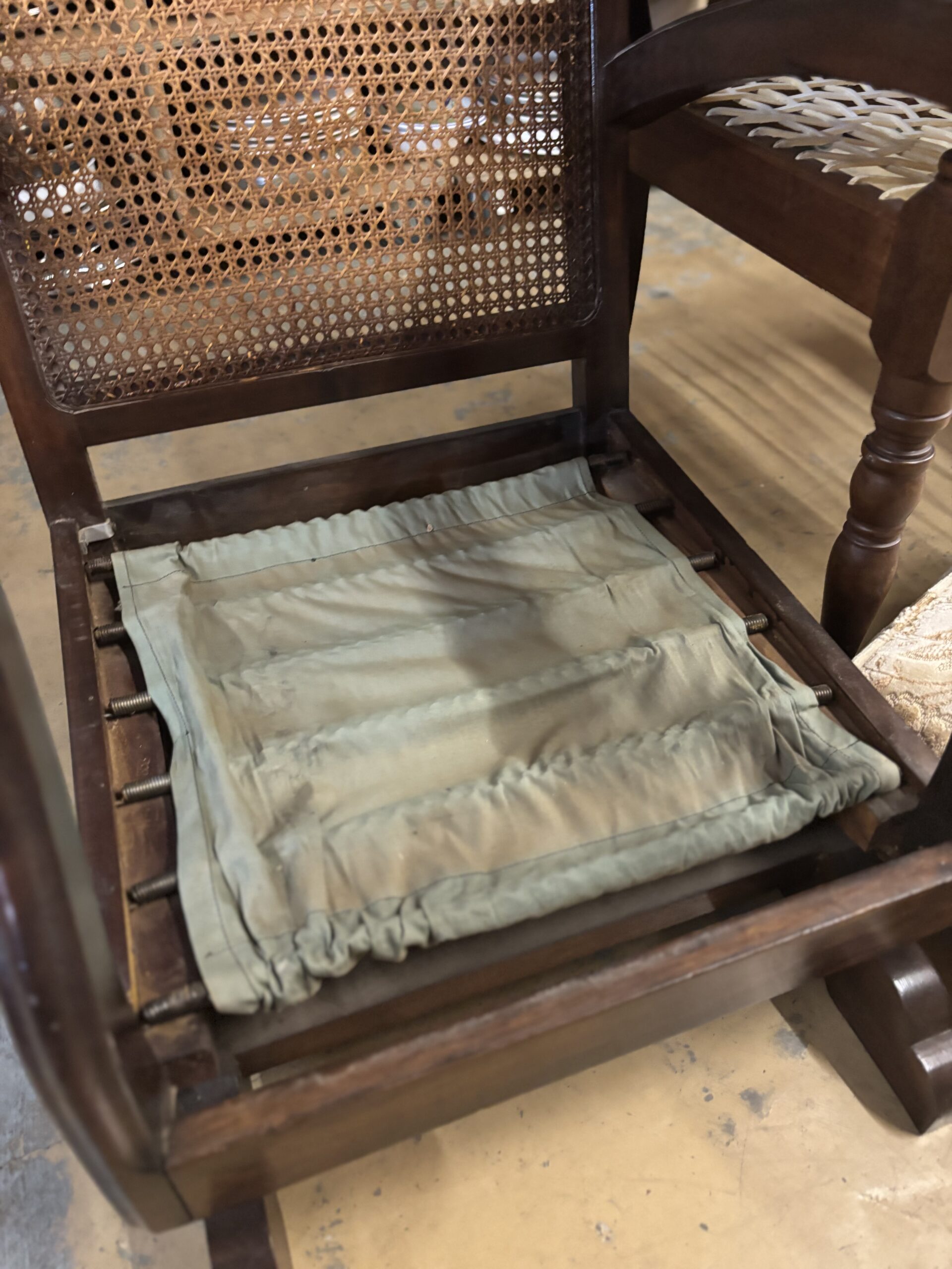 Vintage Imbuia Cane-Back Rocking Armchair with Cushions - Image 3