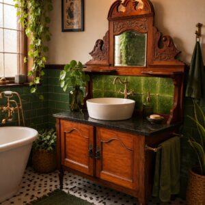 Vintage Tiled Washstand Sideboard with Mirror & Marble Top