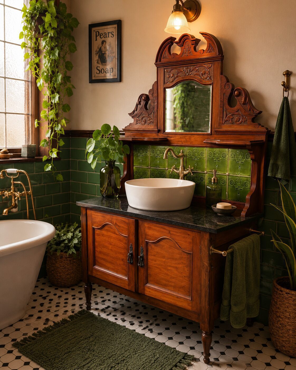 Vintage Tiled Washstand Sideboard with Mirror & Marble Top