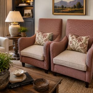 High-Back Red & Cream Striped Armchairs with Cushions