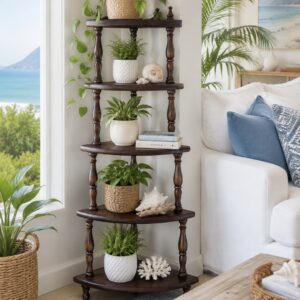 Dark Stained Pine 5-Tier Corner Whatnot Display Shelf Stand