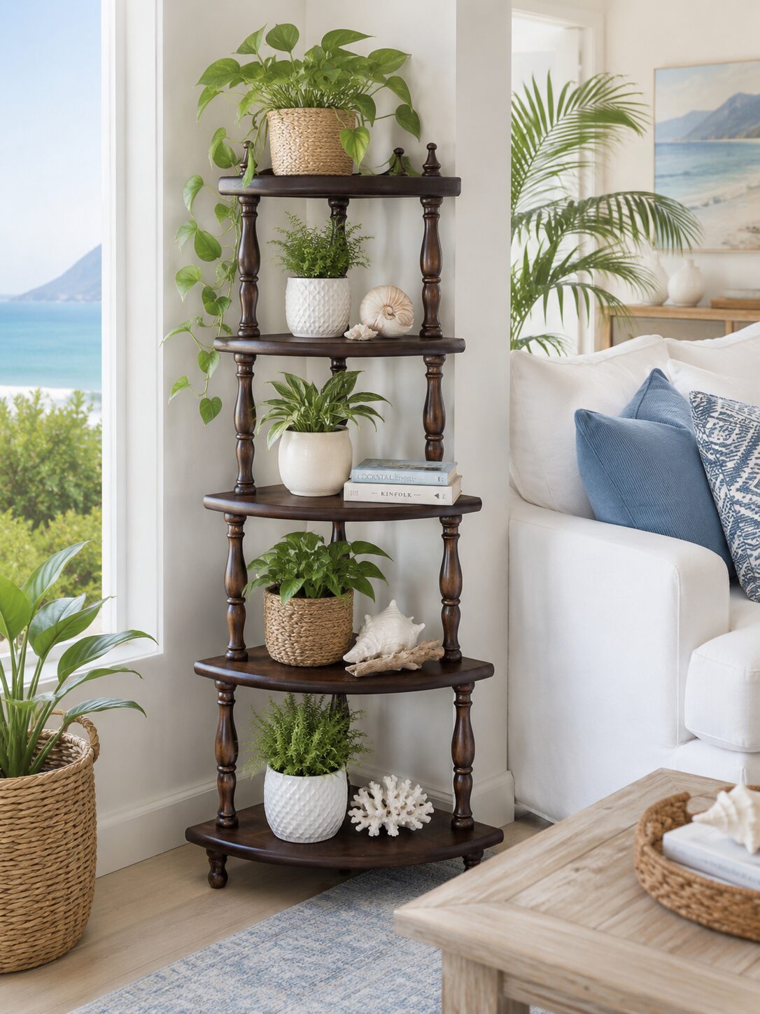 Dark Stained Pine 5-Tier Corner Whatnot Display Shelf Stand