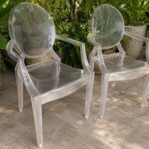 Pair of Clear Acrylic Ghost Carver Chairs with Oval Backs