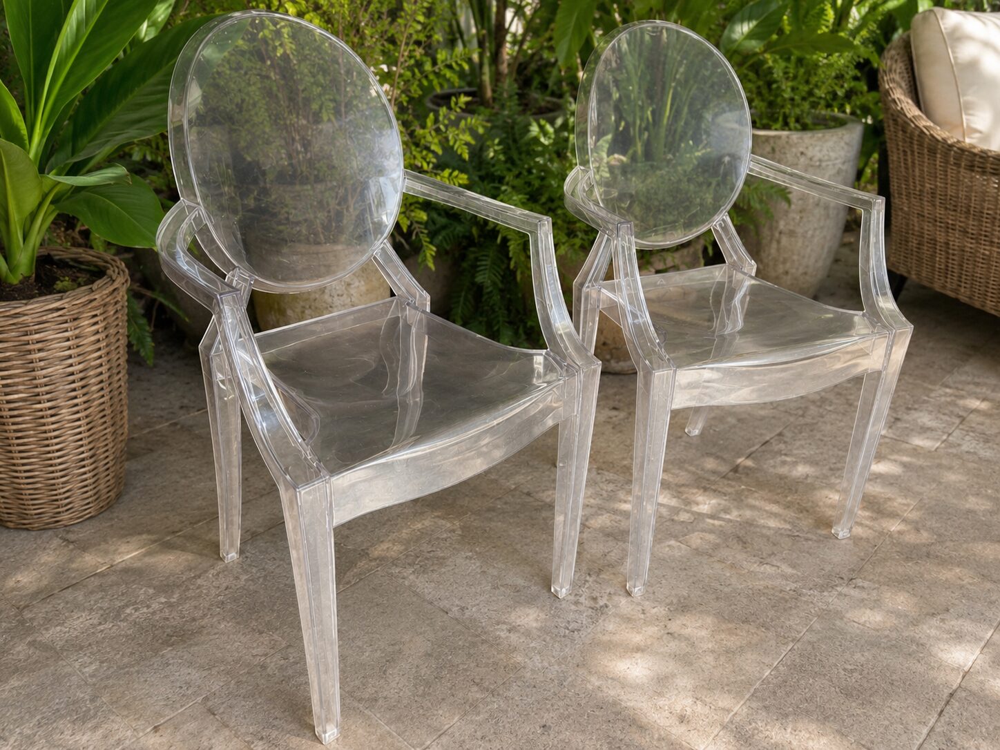 Pair of Clear Acrylic Ghost Carver Chairs with Oval Backs