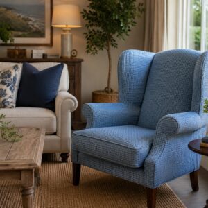 Blue Upholstered Wingback Armchair with Cushion