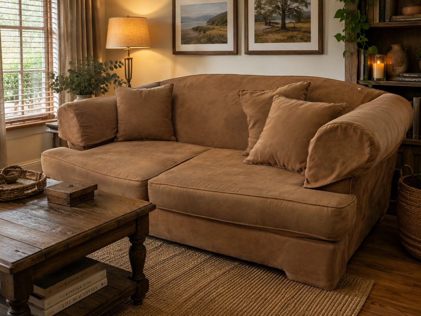 Large Mocha Microsuede 3-Seater Sofa with Scatter Cushions