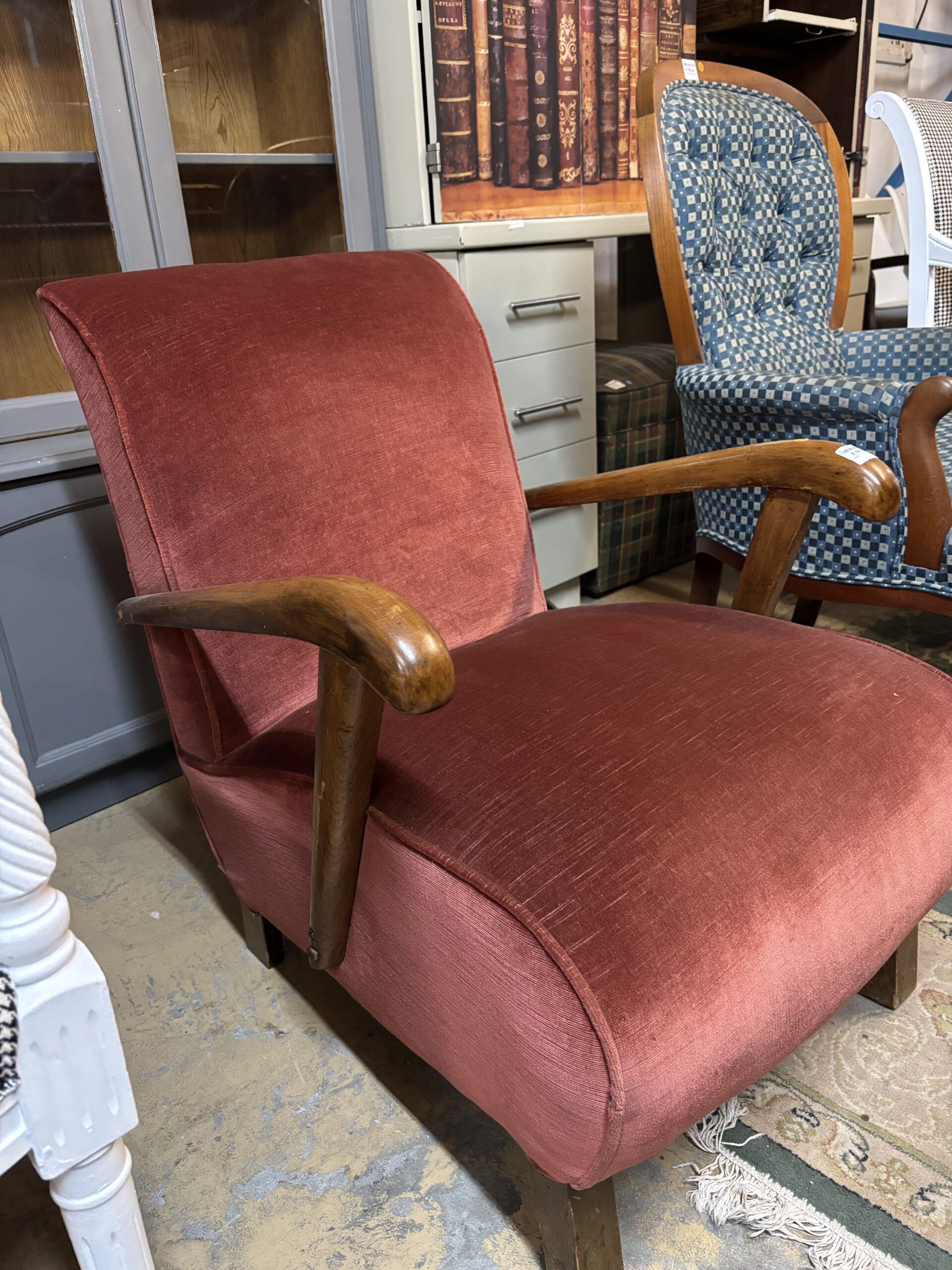 Vintage Upholstered Lounge Chair with Solid Timber Arms - Image 3