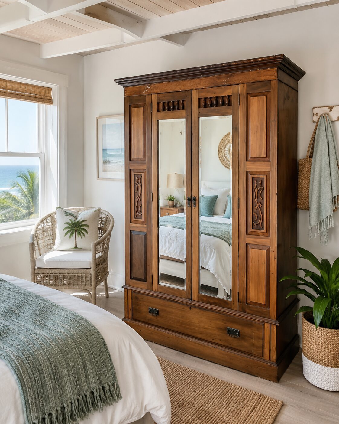 Rustic Pine & Mirror Double Door Wardrobe with Drawer