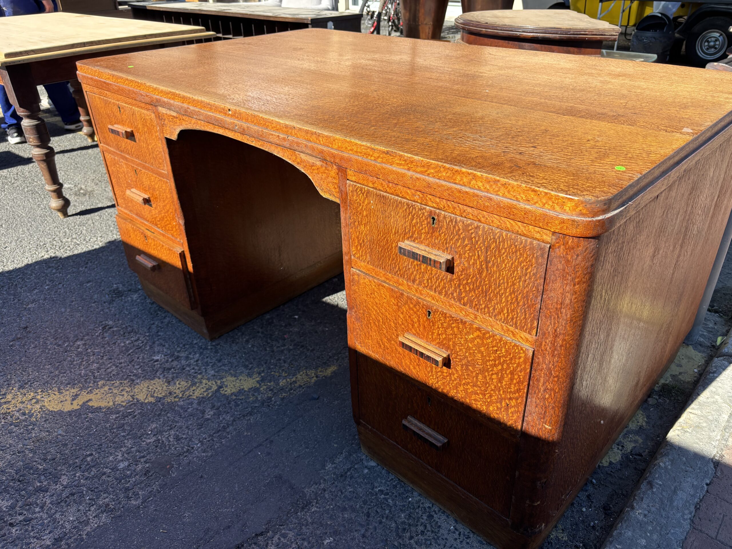 Vintage Tiger Oak Pedestal Desk with Hidden Door (missing key) - Image 3