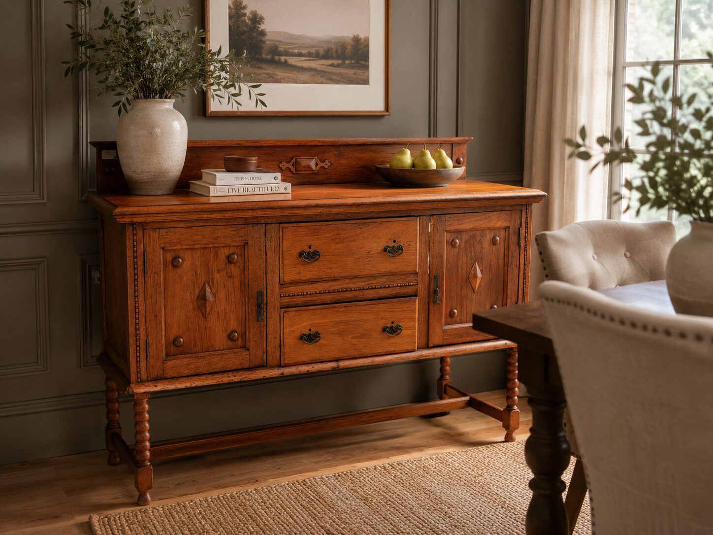 Vintage Teak Sideboard with Turned Legs & Gallery Back Rail