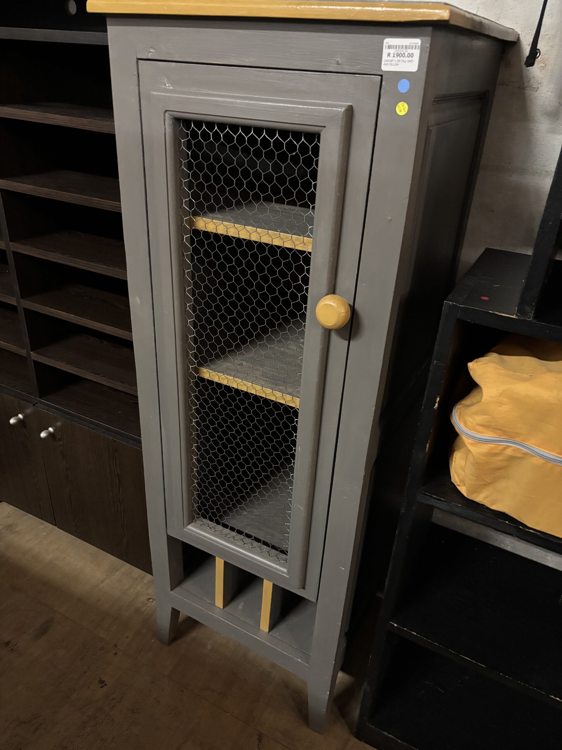 Grey & Yellow Chicken Wire Display Cabinet - Image 5