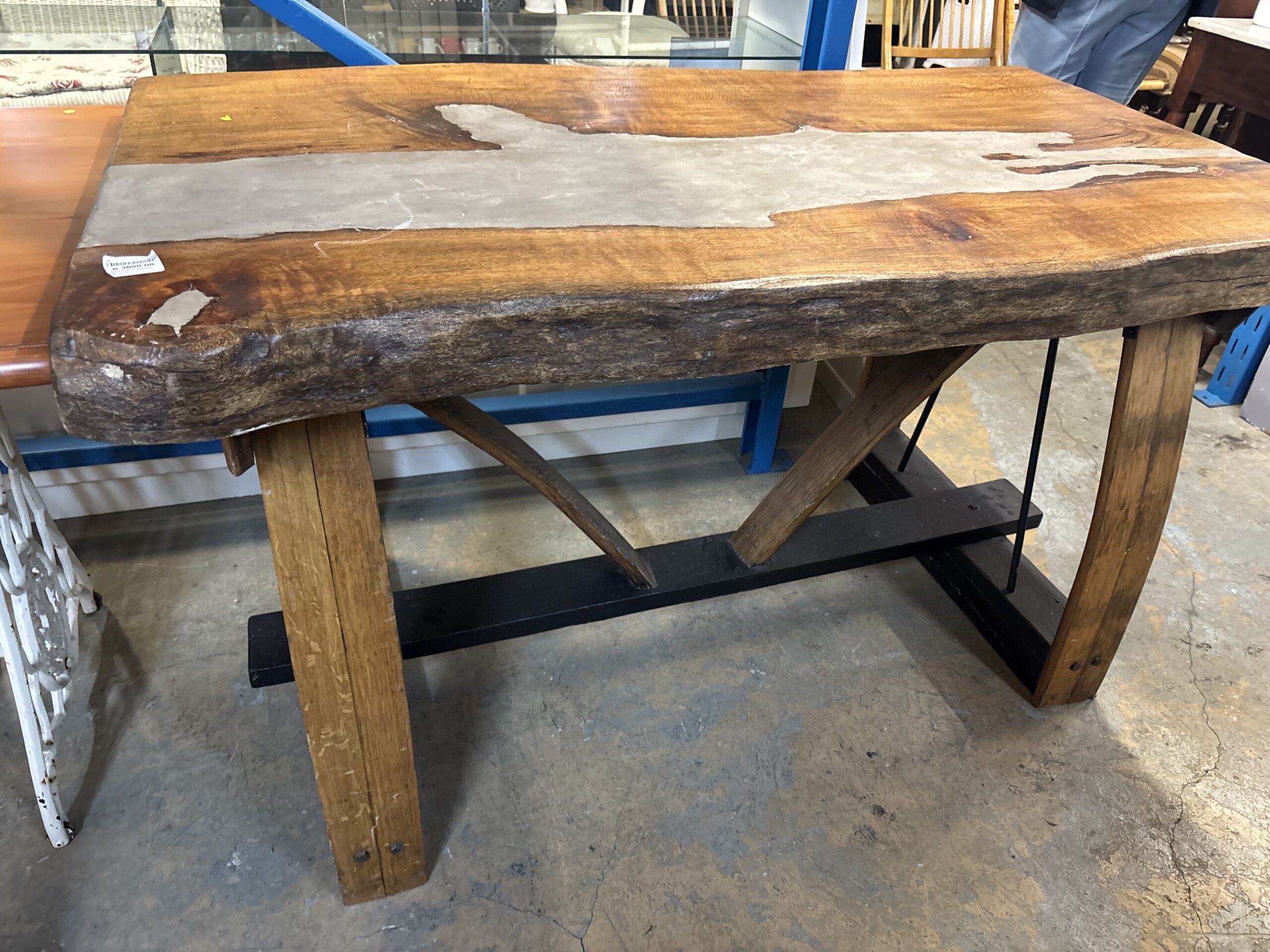 Rustic Oak River Table with Industrial Trestle Base - Image 3