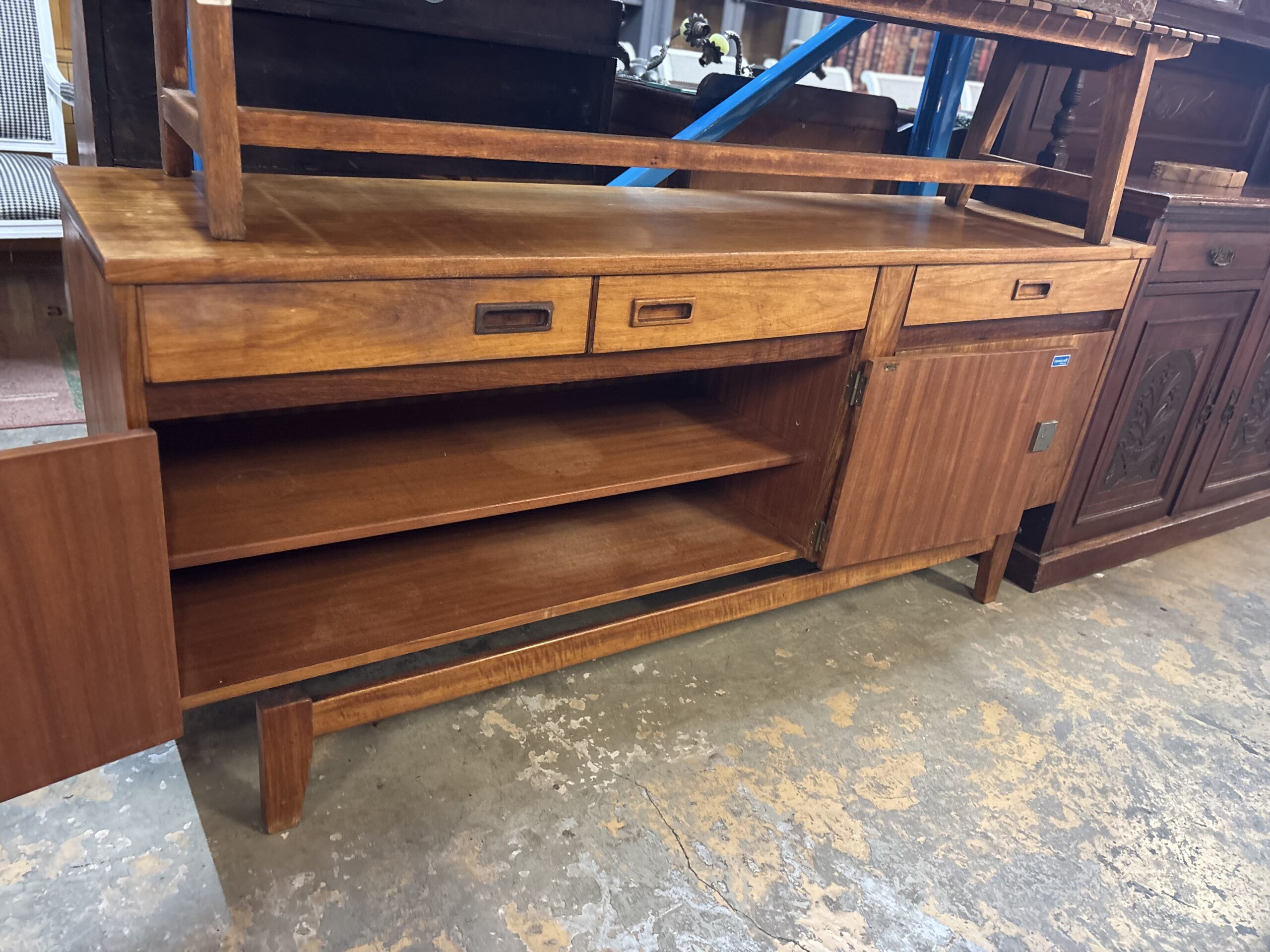 Mid-Century Solid Timber Sideboard with Display Shelf & Keys - Image 4