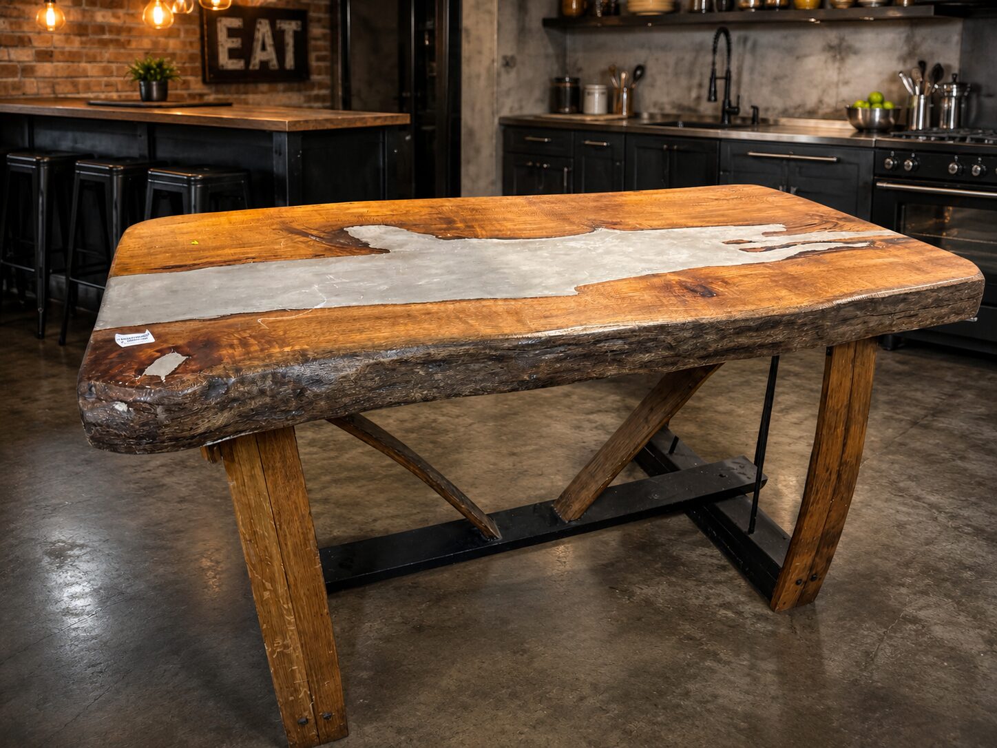 Rustic Oak River Table with Industrial Trestle Base
