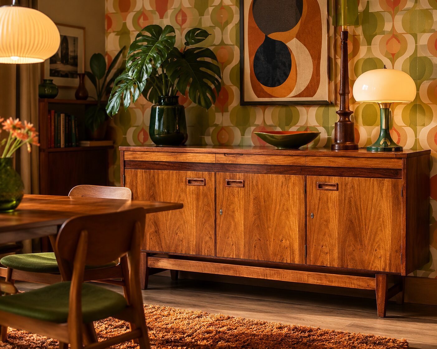 Mid-Century Solid Timber Sideboard with Display Shelf & Keys