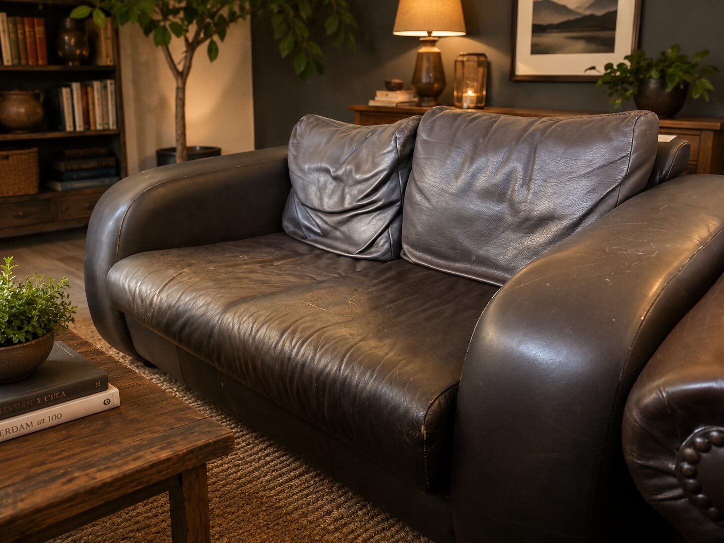 Dark Brown Leather 2-Seater Lounge Couch with Soft Cushions