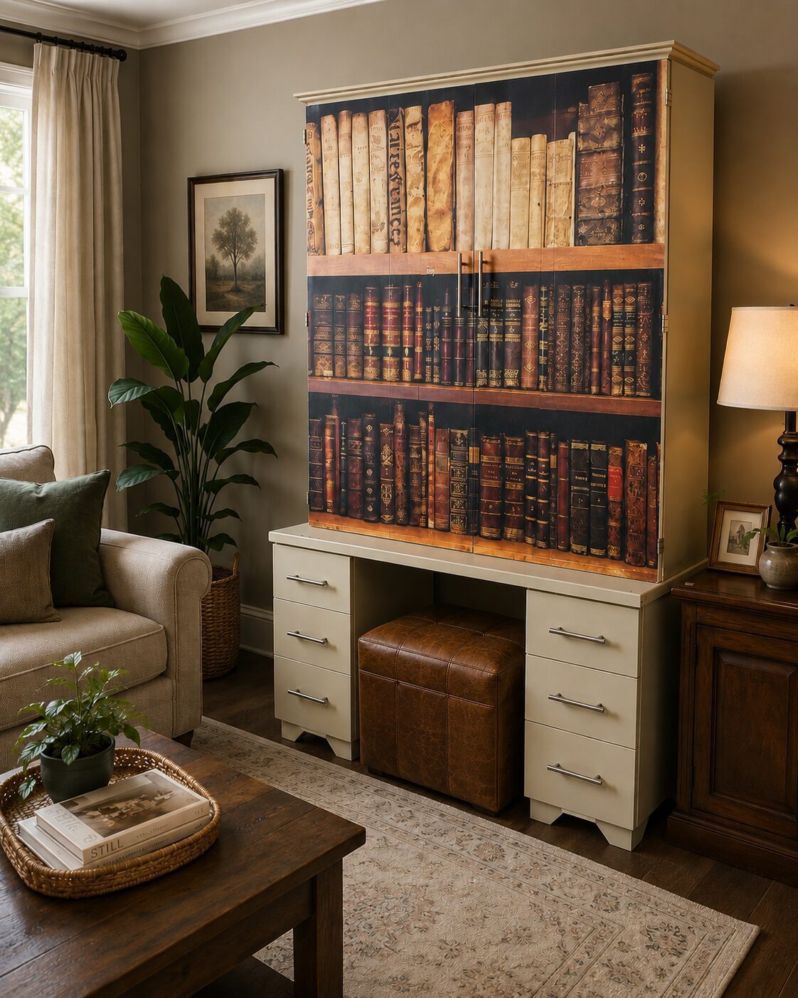Upcycled Library-Themed Computer Armoire Desk with Storage