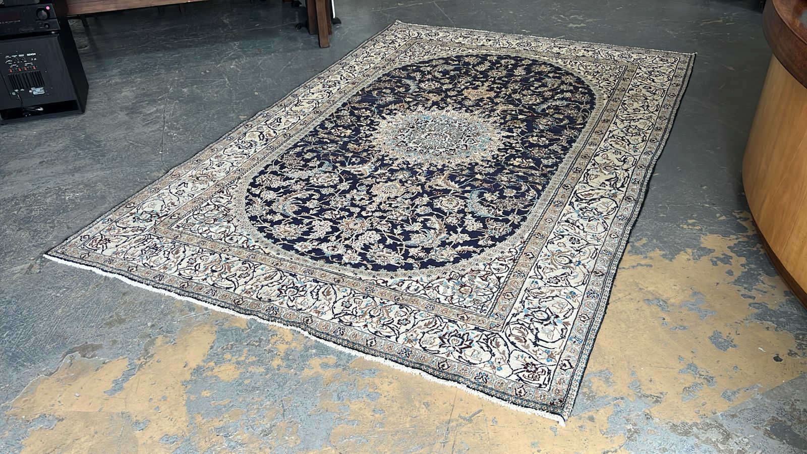 Hand-Knotted Persian Nain Rug – Navy Medallion Design - Image 3