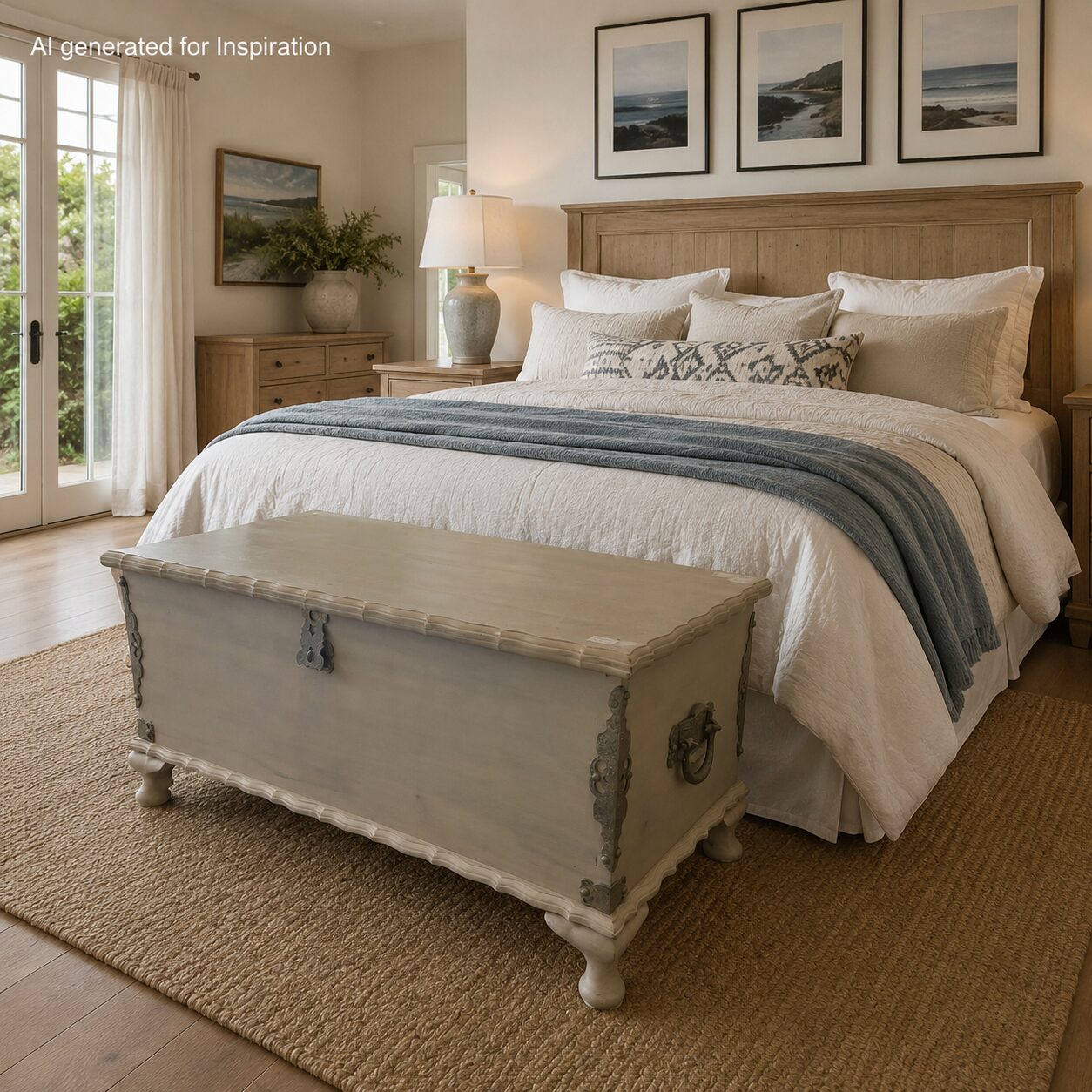 Vintage Painted Blanket Chest with Ornate Metal Hardware