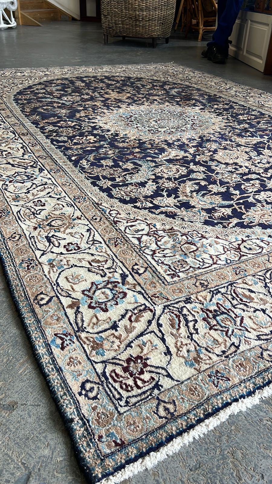 Hand-Knotted Persian Nain Rug – Navy Medallion Design - Image 4