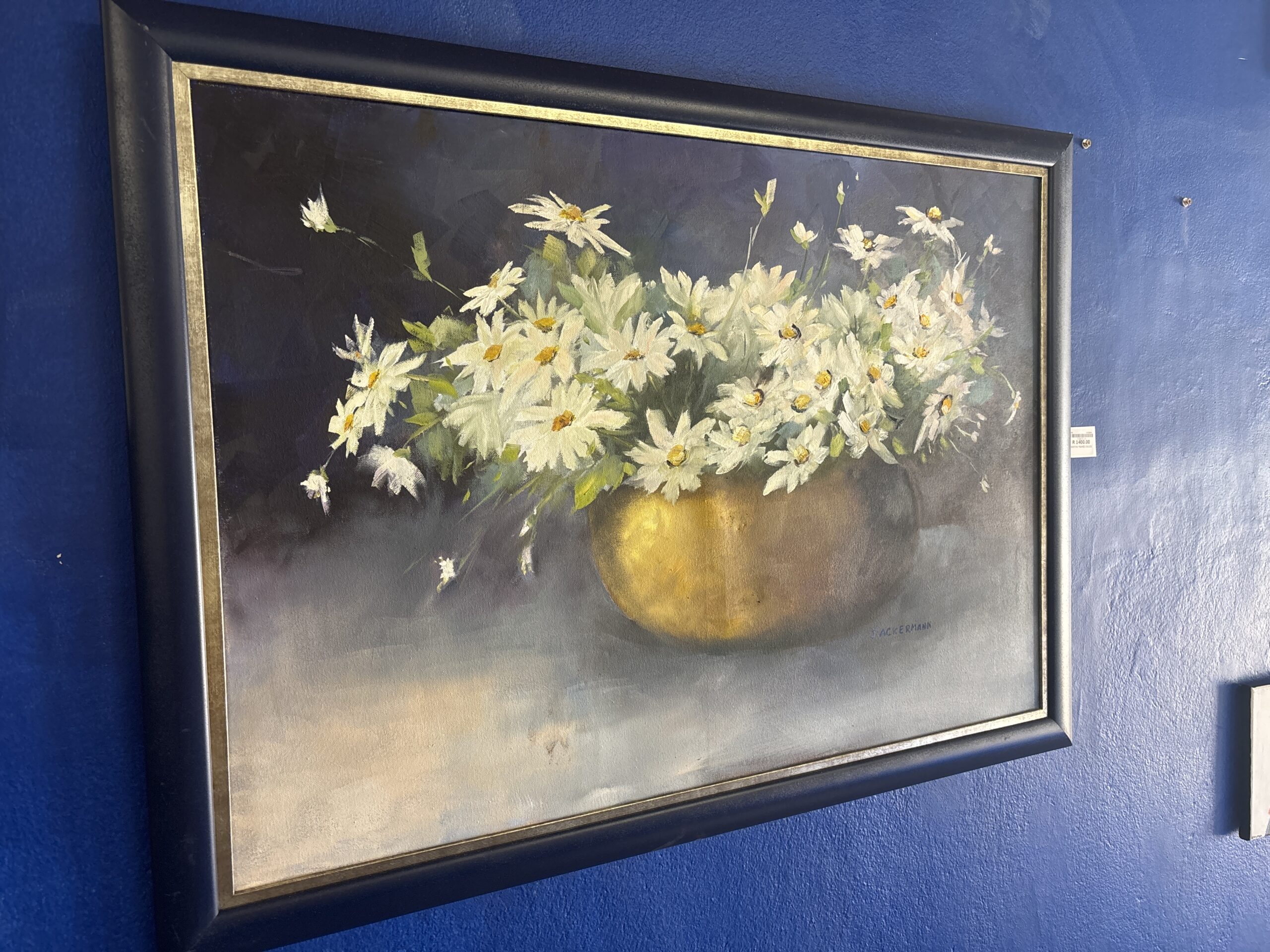 Daisies in Golden Vase by J Ackermann Framed Oil Painting